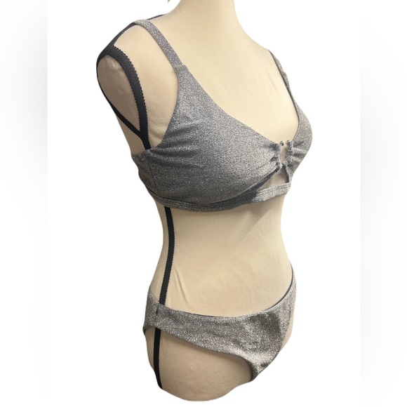 BEBE Metallic Lurex Bikini Swimsuit Silver New XL - Picture 6 of 9